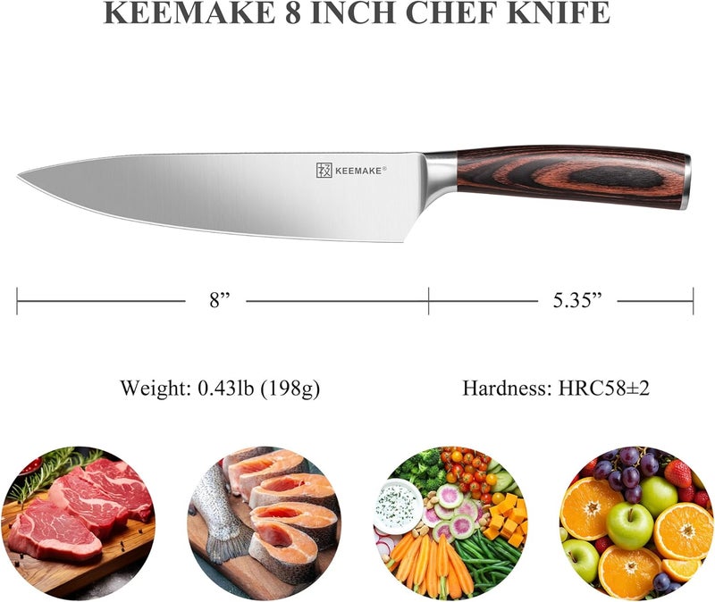 KEEMAKE Chef Knife 8 inch - Sharp Kitchen Knife High Carbon Stainless Steel Blade, Gyuto Knife Ergonomic Wood Handle, Professional Chef’s Knife for Home Kitchen and restaurant - Image 2
